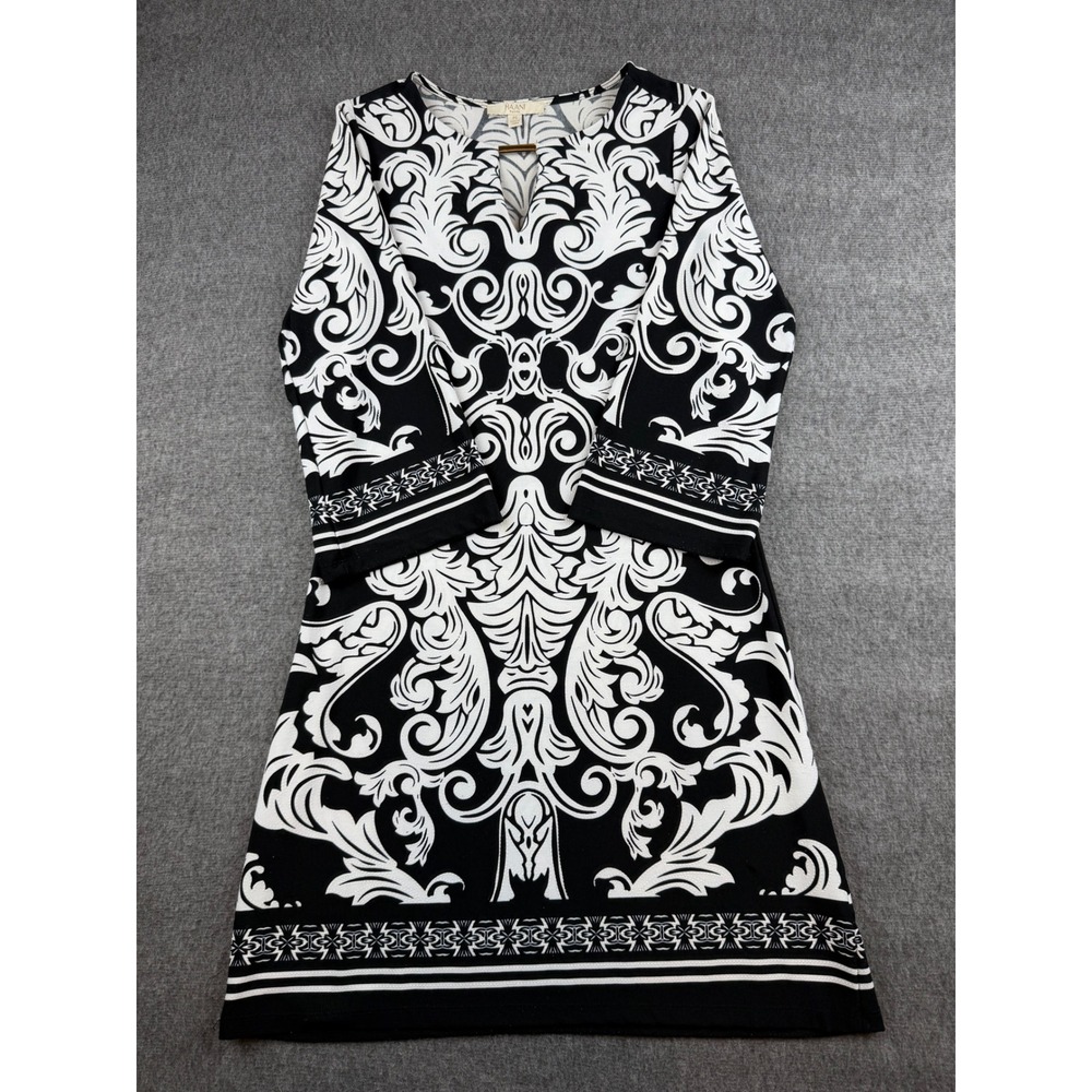 Haani Petite Shift Dress Womens PS Black‎ White Damask 3/4 Sleeve Gold Bar Split